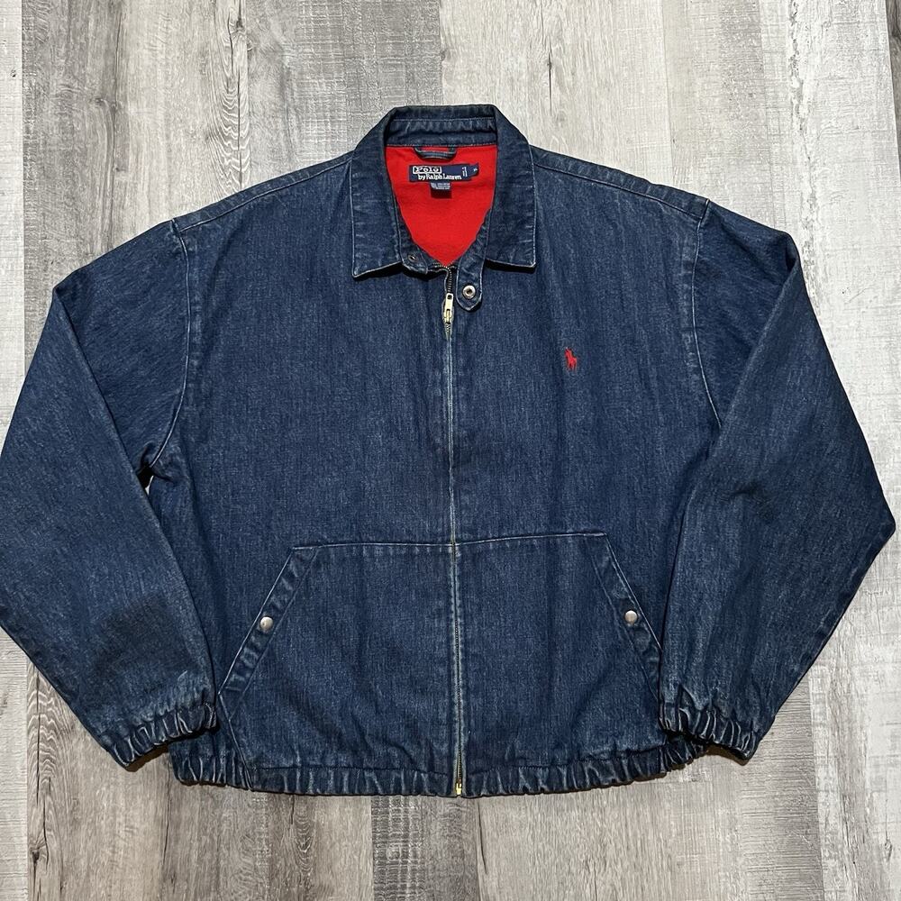 Polo Ralph Lauren 90s Mens Heavy Dark Denim Bomber Jacket Thick Red Lined Sz XL